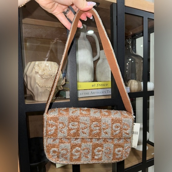 Anthropologie Fiona beaded shoulder bag bows metallic bronze mixed coquette - Picture 2 of 7